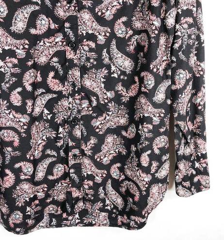 Garnet Hill  Size 00 Button Down Blouse Top Paisley Black Pink Collar Cotton 614