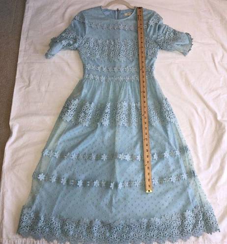 Just Me  Womes Size S Dress Midi Lace Short Sleeves Blue Cottage Modest Party