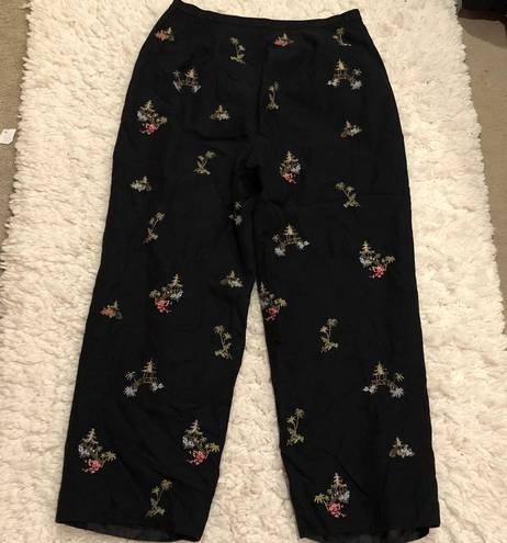 Talbots Embroidered Palm Trees Pagodas Silk Blend Cropped Pants Black 8