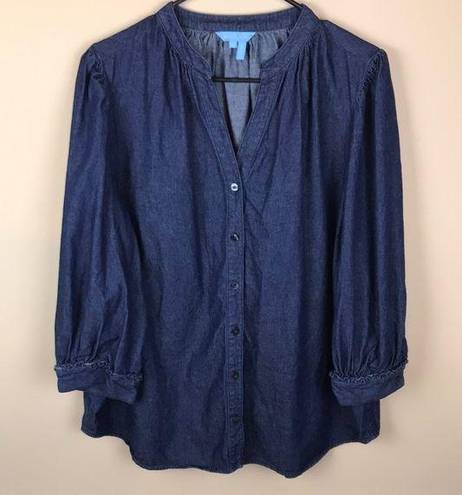 Draper James  Women’s Chambray Dark Blue Split V-Neck Pleated Button-Up Shirt