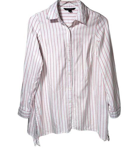 Zac and Rachel  Striped Collared Button Up Roll Tab Sleeves Top in Pink/White