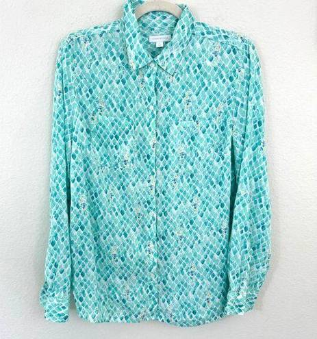 Charter Club  Women 100% Linen Button Front Pastel Sea Horse Shirt Top Aqua Sz M