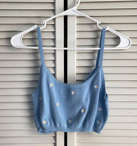 Sky And Sparrow  Sweater Tank Crop Top Blue With Daisies Medium