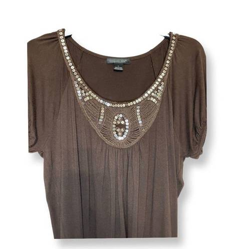 August Silk Womens Blouse Brown Embellished Short Sleeve Scoop Neck Stretch L