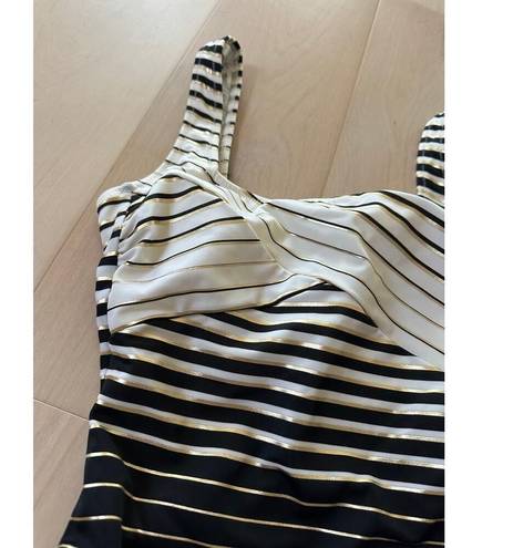 Gottex Vintage 80s  One Piece Swim Suit Striped Black Gold Cream Size 6/36