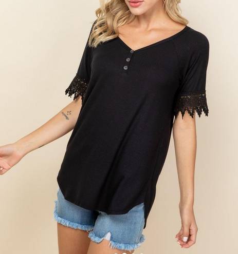 a.gain  Black Plus Size Lace Trimmed Short Sleeve Henley Top 1X 2X 3X