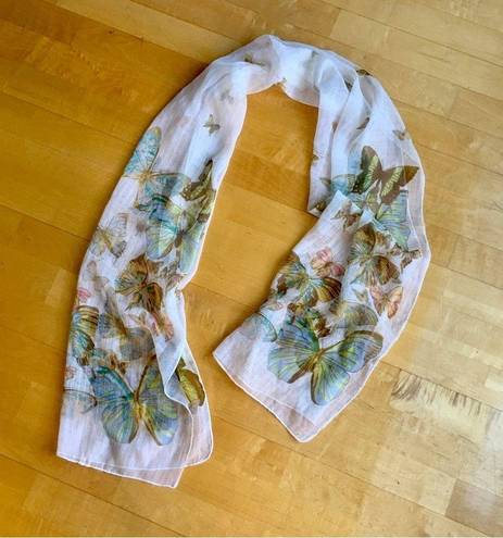 Ecru Butterfly Print Sheer, Lightweight Scarf, Ivory, Cream, , Colorful