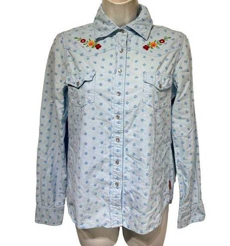 Roxy  jeans eyelet floral embroidered snap button long sleeve shirt Size S