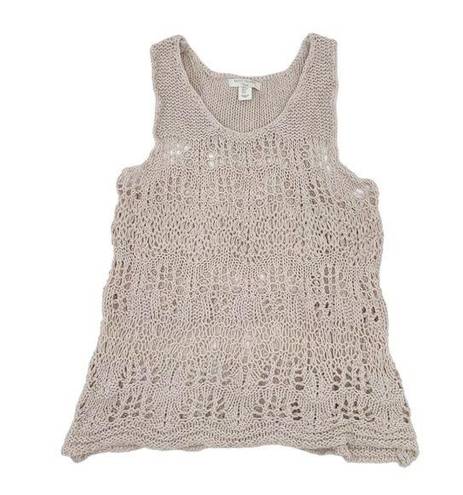 Saint Tropez West  Boho Linen Cotton Open Knit Crochet Tank Top Beige Size Small