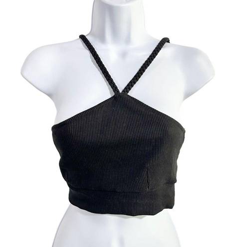 The Range  Jet Black Braided Strap Ribbed Bralette Crop Top Size M NWT