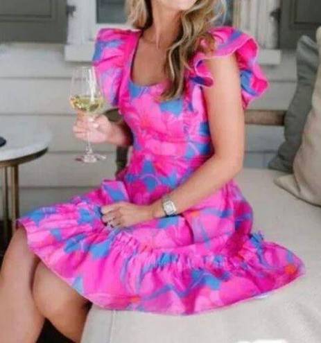 Tuckernuck  Dress XS Pink Blue Floral Cameron Eubanks Azalea Linen Preppy Wedding