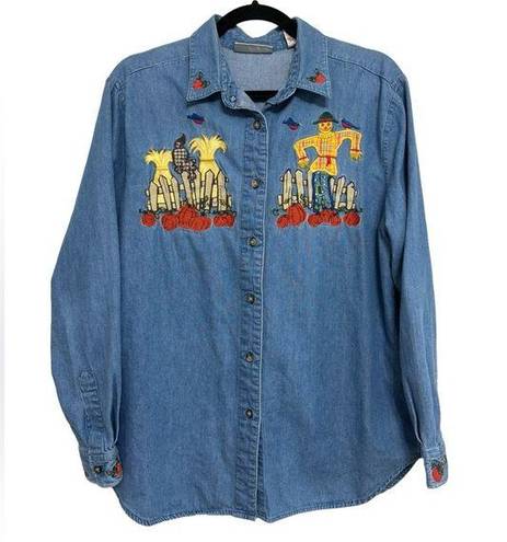 American Vintage Vintage Halloween Fall Harvest Themed Denim Button Down Shirt - Size M