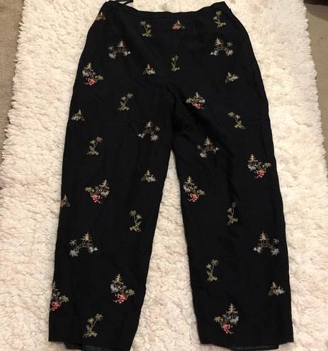 Talbots Embroidered Palm Trees Pagodas Silk Blend Cropped Pants Black 8