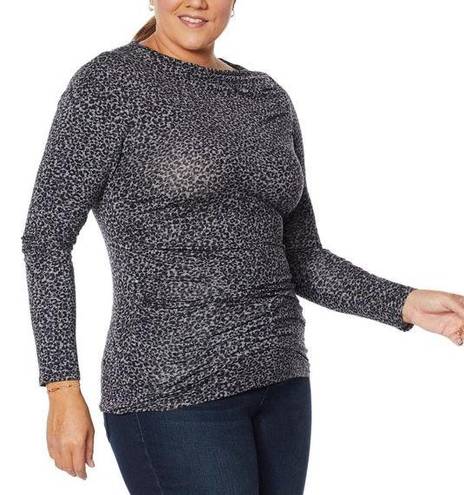 Skinny Girl  Womens Top Size 2X Gray Black Leopard Print Boatneck Side Ruched NEW