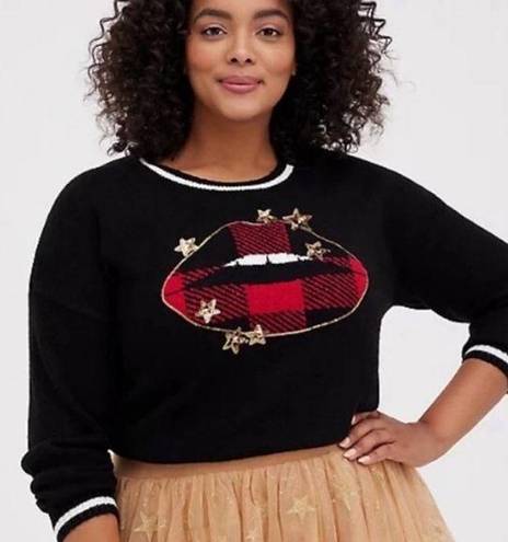 Torrid  Black Red  Sequin Star Plaid Lip Crew Pullover sweater size 3x