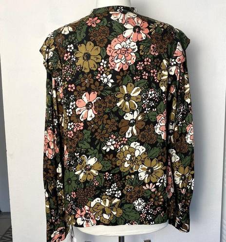 Treasure & Bond  Floral Print Flower Ruffle Frill Trim Button Long Sleeve Shirt