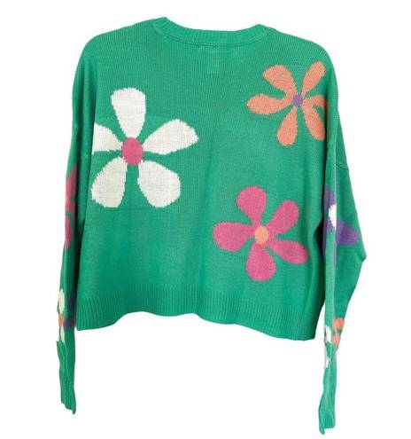 Full Tilt  Green Daisy Floral Crew Neck Long Sleeve Knit Retro Sweater Size Small