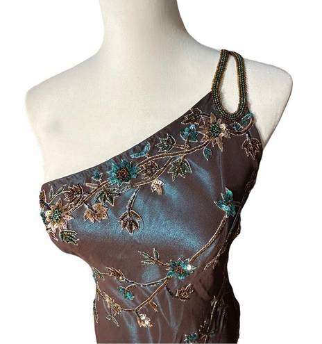 Scala Women's  Brown & Teal Blue Beaded Floral One-Shoulder Asymmetric Dress Sz L