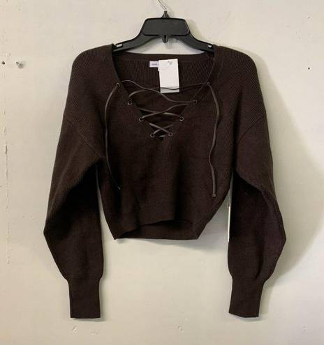 Good American  Womens Brown Chocolate Rib Lace-up Long Sleeves Sweater