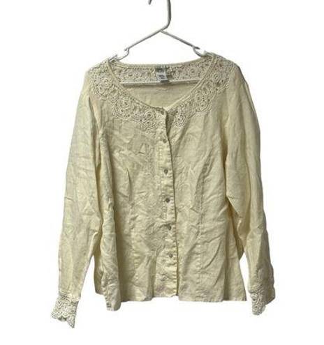 Coldwater Creek Cold Water Creek 2XL 100% Linen Off White Button Down Lace Floral FLAWED