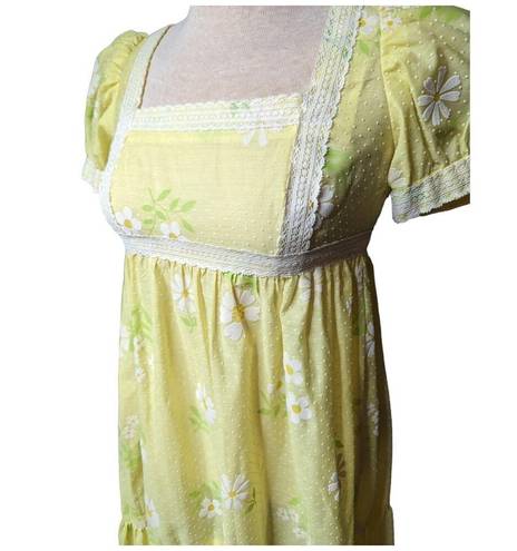 Daisy Vtg 1960s Pale Yellow  Floral Dot Textured Puff Sleeve Maxi Prairie Dress 2