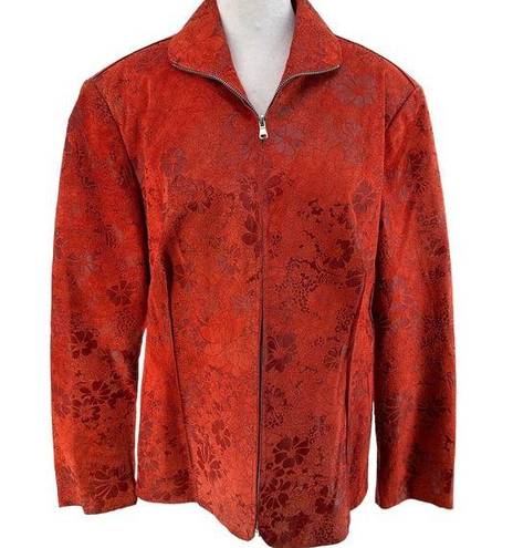 Vera Pelle Designer SAX  Suede Leather Floral Zip Jacket Long Sleeve Size 54 L