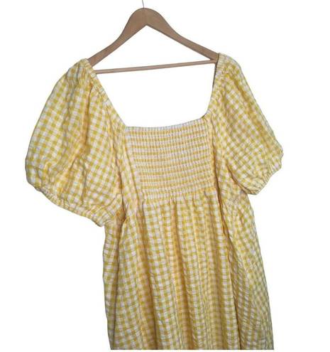 Old Navy  Dress Womens XXL Seersucker Sweetheart Neck Gingham Puff Sleeve Yellow