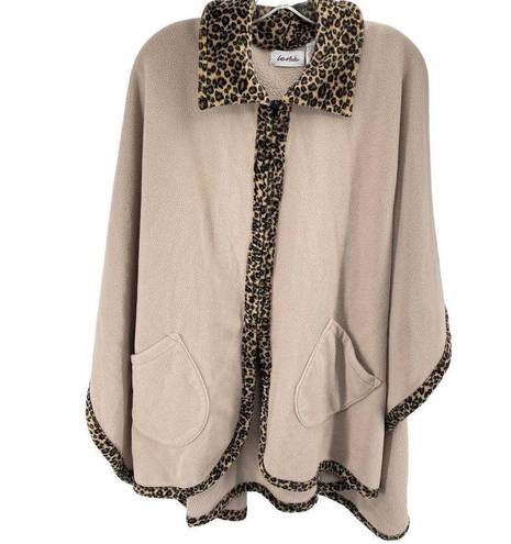 Moda Le  Womens Wrap blanket Sweater Leopard Trim Full Zip Pocket Beige Tan One S