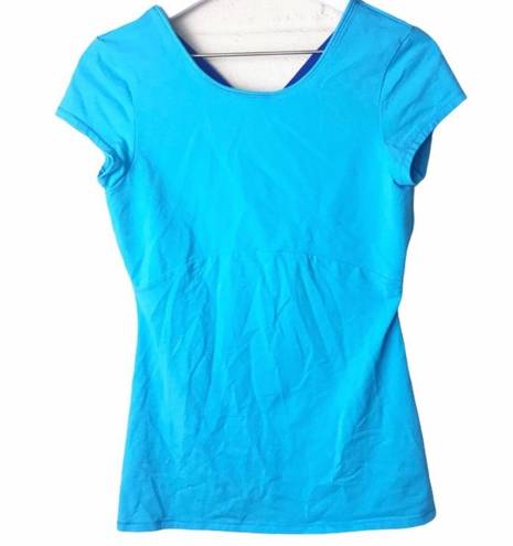 Lucy Activewear  Women's Bright Blue Cross Back Short Sleeve Fitted Workout Top