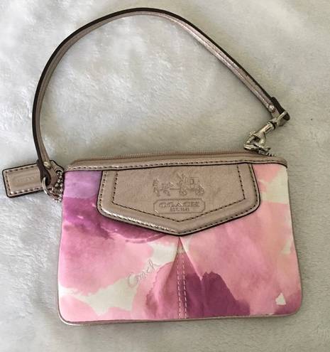 Coach Wristlet Madison Pink Floral Watercolor and Silver Metallic Coin Pouch