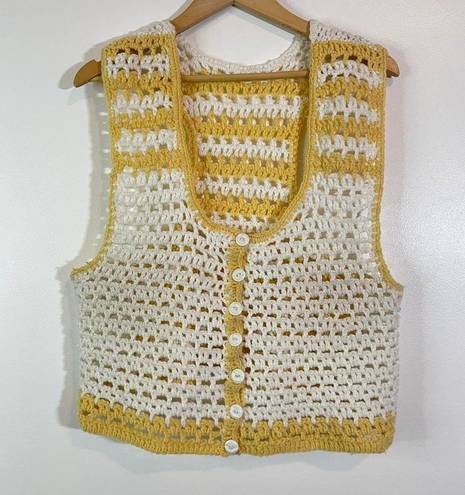 Handmade Yellow And White Crochet Knitted Sweater Vest Size M