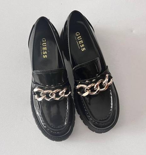 Guess  Women's Hillford Shiny Black Faux Leather Platform Chunky  Loafers Sz 7.5