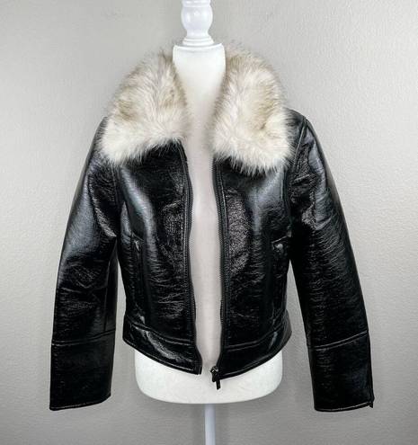 Unreal Fur Wet Look Aviator Biker Jacket Faux Leather & Fur Black Size Small NWT