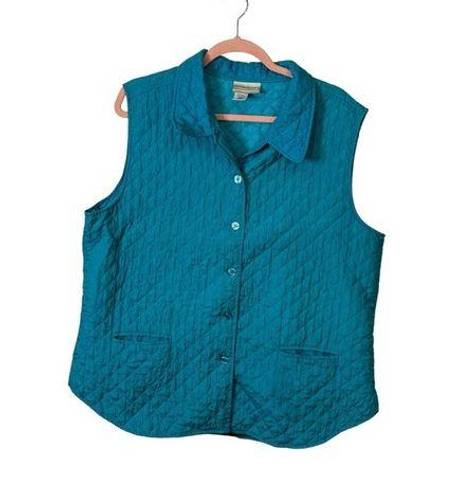 Coldwater Creek  Women’s Quilted Vest Large Teal Full Button Up Pockets READ