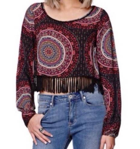 Gypsy Warrior  Top Size Medium Fringe Long Sleeve Crop Boho Bohemian Cropped