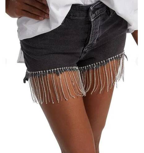 Good American  The Bombshell Denim Short Black Size 8 Cutoff Rhinestone Fringe