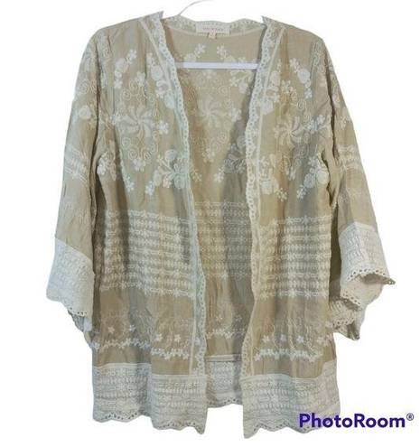 Solitaire  Tan Cream Embroidered Open Cardigan Wide Sleeves Size S