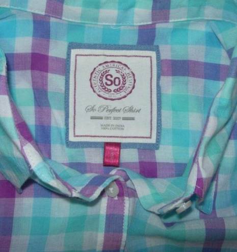 SO Blue Purple Plaid Check  Button Front 3/4 Sleeve Cotton Shirt. Size XL.