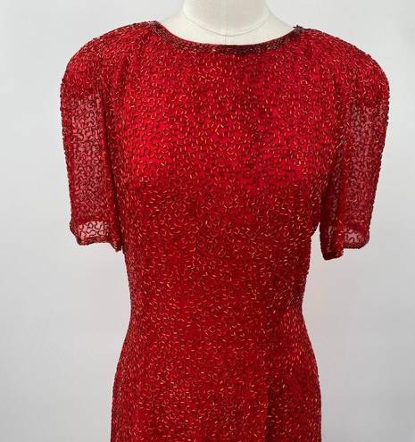 Oleg Cassini Vintage  Beaded Silk Mini Dress Short Sleeves Cocktail Red Womens 6