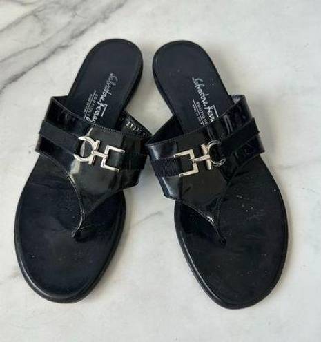 Salvatore Ferragamo  Black Silver Logo Buckle Sandals Size 38