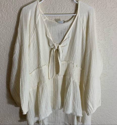 True Craft  Plus Size Smock Waist Peasant Top in Ivory Bow Tie Detail Blouse