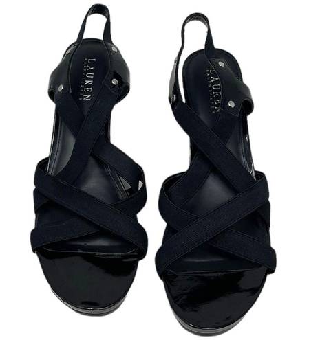 Ralph Lauren Women’s 10 Patent Leather Black Sandals Stretch Sling Stap Wedges