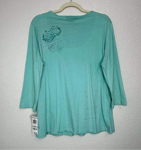 Style & Co NWT  Green Embroidered Henley 3/4 Sleeves Top