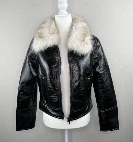 Unreal Fur Wet Look Aviator Biker Jacket Faux Leather & Fur Black Size Large NWT