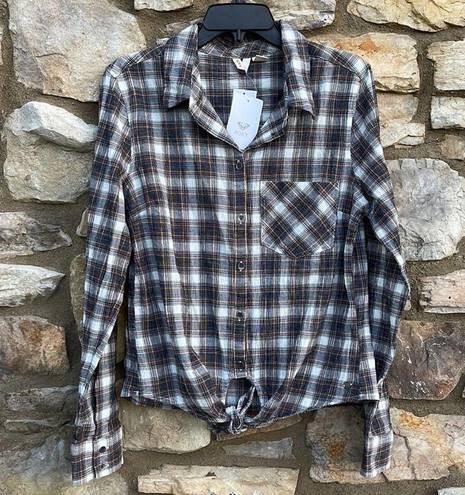 Roxy  long sleeve brown plaid button down shirt front knot tie size large NEW