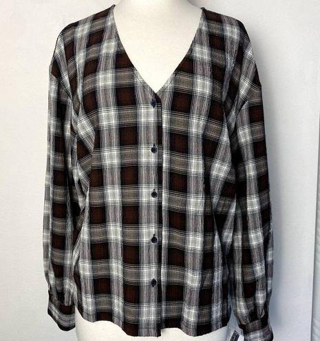 Treasure & Bond  Plaid V Neck Button Up Long Sleeved Red White & Brown Boho Shirt