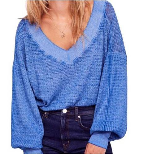 We The Free  waffle knit lightweight top domain sleeves blue crop top size small