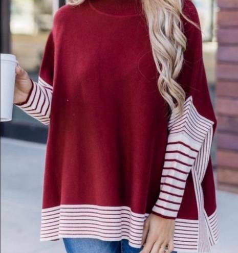 Pink Lily Womens Sweater Size Small burgundy Striped Mock Neck Poncho Pullover