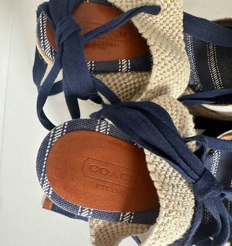 Coach  Fern Navy/Tan/Chalk Ankle Wrap Espadrille Platform Wedges Size 7