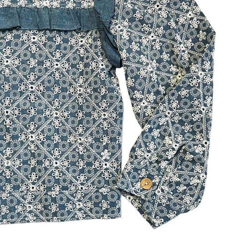 Solitaire  Women’s Sz L NEW Denim Floral Ruffle Eyelet Lace Cropped Shirt Jacket